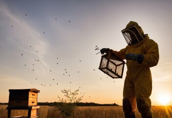 Silhouetted against a dusk sky, a beekeeper tends to a beehive while bees buzz around, in a calm, rural setting AI generation - obrazy, fototapety, plakaty