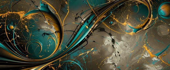 Turquoise tendrils dancing over an abstract backdrop of rich gold and steel gray. - obrazy, fototapety, plakaty