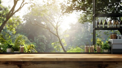 A coffee shop with an empty wooden counter, a soft sea light filtering through, creating a serene atmosphere against a blurred forest backdrop