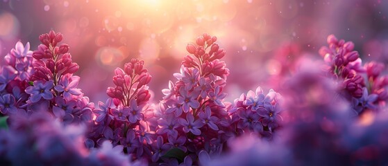 Stunning blue eyed lilacs blooming in a spring garden with a green background, on a mysterious fairy tale springtime floral sunny bright background, with a park landscape wide panoramic background. - obrazy, fototapety, plakaty