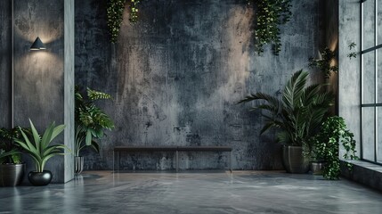 A studio room with a smoke-finished concrete wall, offering a unique backdrop for creative product presentations, enhancing the visual appeal - obrazy, fototapety, plakaty