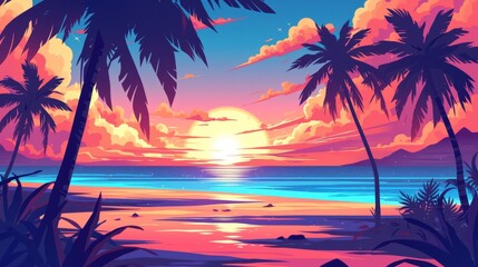 Sunset Beach Illustration: Tropical Getaway with Palm Trees