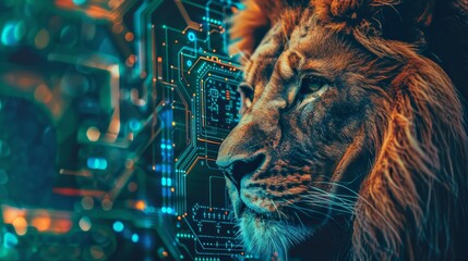 Close-up of a lion's head merging with a colorful electronic board, symbolizing the blend of nature and powerful technology - obrazy, fototapety, plakaty
