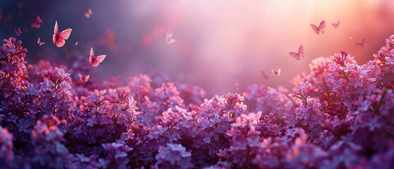 Fototapeta na wymiar A springtime fairy tale floral background with sun rays, blooming nature, wide panoramic banner and lilac flowers blooms in spring.