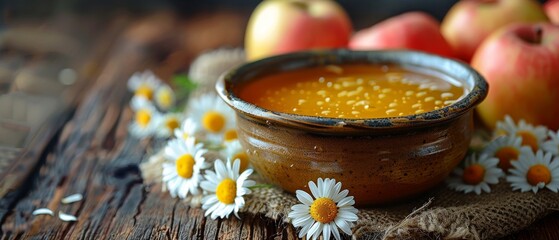 A bowl of honey, apples, and daisies on a sackcloth - obrazy, fototapety, plakaty
