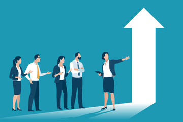 Growth. Career. Start Up. Business leader pointing to the large white arrow. Concept business illustration
