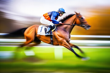 Jockey Riding Racehorse at High Speed - obrazy, fototapety, plakaty