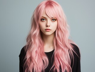 Woman With Long Pink Hair and Bangs