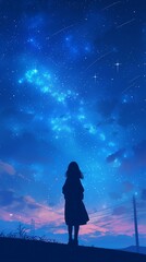 Fototapeta na wymiar Girl silhouette blue starry night sky shooting stars gradient dusk horizon