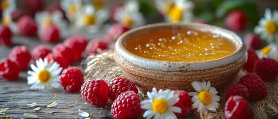 Obraz na płótnie Canvas Sackcloth with raspberries, daisies, honey bowl, glasses of milk