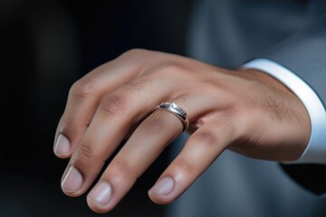 Close-up of a wedding ring on the groom's hand