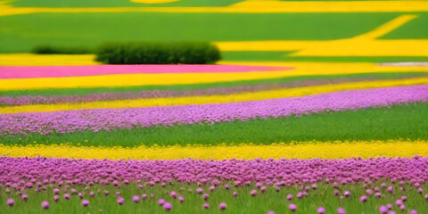 A field filled with purple and yellow flowers blossoming under the suns warm