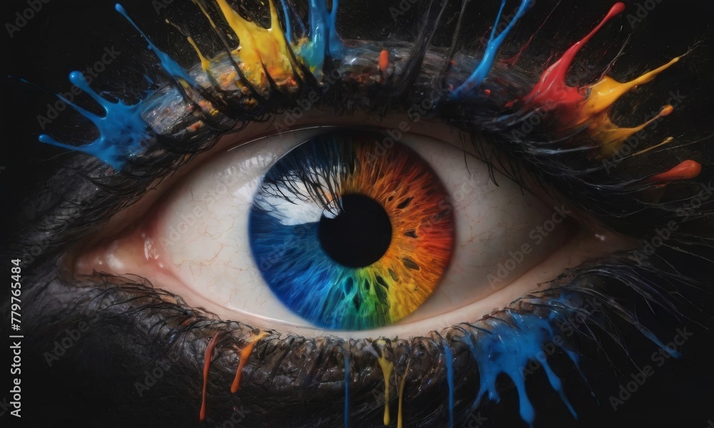 Poster a dark-eyed close-up enhanced with a dynamic splatter of multicolored paint against a stark backgrou