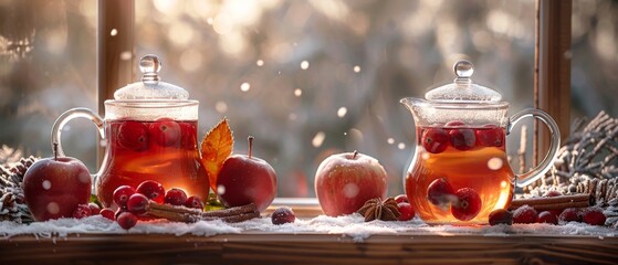 In the snowy frame is a still life with tea cranberry, apple, and spices