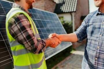 Engineer high visibility vest shakes hands with customer photovoltaic solar panel