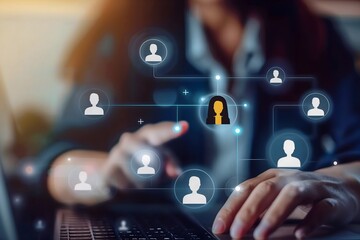 Business woman touching virtual network icon hire diverse female best job candidate