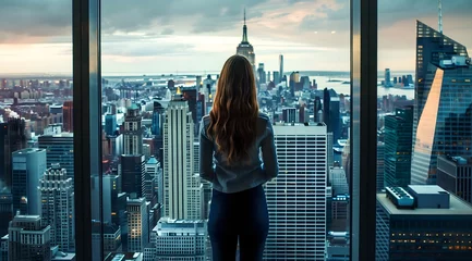 Foto op Plexiglas Business woman looking through window over cityscape skyscrapers, sunrise © keiron