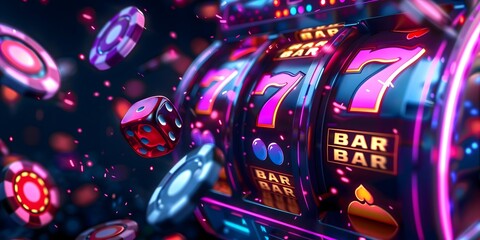 3d casino slot machine neon lights with flying chips and dice, gambling concept - obrazy, fototapety, plakaty