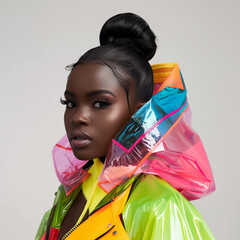 Beautiful black woman with silk hair wearing colorful hooded raincoat. Fashion studio photoshoot.
