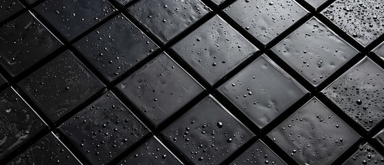 A captivating mosaic of glass tiles with water droplets creating a mesmerizing, reflective surface that plays with light and shadow.