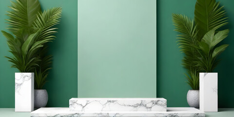 White Podium. A green wall adorned with two white marble vases holding a green plant, creating a serene and elegant display
