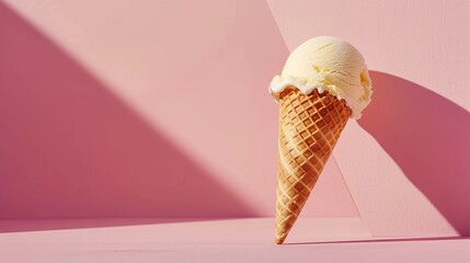 ice cream in a waffle cone isolated pink background, light shadows, food minimalism, copy space