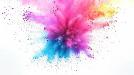 Colorful explosion of vibrant colored powder on a white background, isolated with copy space for text and design purposes