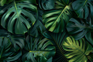 Abstract nature background. Dark green palm and monstera leaf texture. Greenery pattern for wallpaper, cover design or banner.
