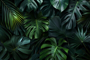 Abstract nature background. Dark green palm and monstera leaf texture. Greenery pattern for wallpaper, cover design or banner. Tropical Foliage: Vibrant Abstract Nature Background - obrazy, fototapety, plakaty