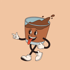 Retro cartoon coffee cup character. Mug mascot in different poses. 60s 70s 80s groovy contour vector illustration. Espresso, latte, cappuccino, black coffee cup.