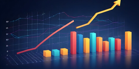 A bar chart displaying upward trends with an arrow pointing upwards, indicating growth and progress - obrazy, fototapety, plakaty