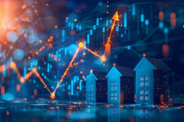 Artistic representation of a booming real estate market, with houses and glowing upward graphs.. - obrazy, fototapety, plakaty