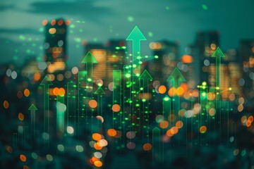 City skyline at twilight with superimposed economic growth graph, depicting rising trends.. - obrazy, fototapety, plakaty