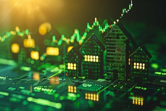 Conceptual image of digital houses on a circuit board, symbolizing the tech-driven growth in real estate..