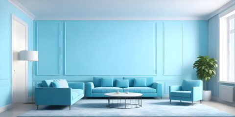 A living room with blue walls and furniture, including a sofa, coffee table, and armchair. The room is well-lit, creating a vibrant atmosphere