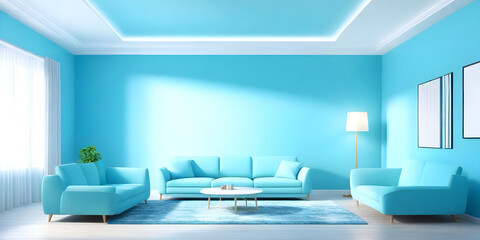 A modern living room with blue walls and matching furniture, including a sofa, coffee table, and armchairs