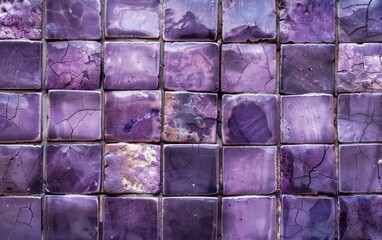 A mesmerizing mosaic of square purple tiles, each with unique swirling patterns and textures, creating a visually striking and cohesive design.