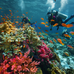 Scuba divers explore a vibrant coral reef teeming with colorful fish in clear blue waters