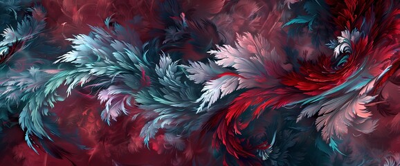 Turquoise gray plumes gracefully intermingling against a mesmerizing tapestry of deep burgundy.