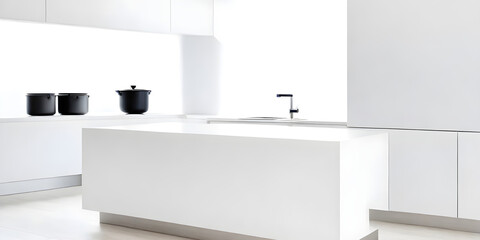 A contemporary kitchen featuring white cabinets and a sleek sink, creating a clean and minimalist space