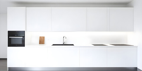 A modern white kitchen featuring a sleek black stove top oven, creating a stylish contrast in the cooking area
