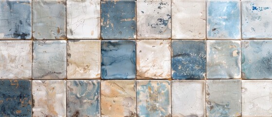 An old, worn mosaic of rectangular ceramic tiles featuring a range of faded blues, grays, and sandy tones. The tiles display intricate patterns and extensive cracking, chipping, and weathered vintage