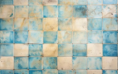 A grid of distressed, cracked tiles in shades of blue, beige, and white, creating a unique and aged visual texture. - obrazy, fototapety, plakaty