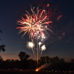 Vivid fireworks light up the night sky with an array of colors over a silhouetted landscape