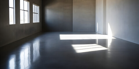 An empty room with three windows and a bench placed against the wall