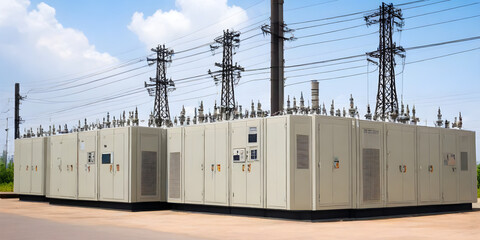 A row of power lines running parallel to each other, with metal poles standing tall to support the electrical transmission cables