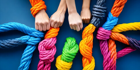 Four hands are holding onto a group of vibrant ropes in various colors - obrazy, fototapety, plakaty