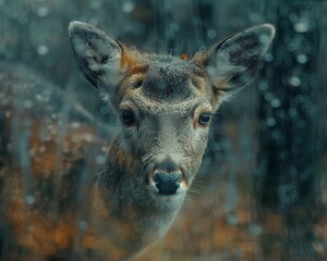 Deer observed through a misty glass barrier - obrazy, fototapety, plakaty