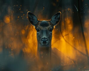 Deer observed through a misty glass barrier close up