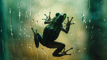 Frog silhouette through a foggy glass surface vibrant  - obrazy, fototapety, plakaty